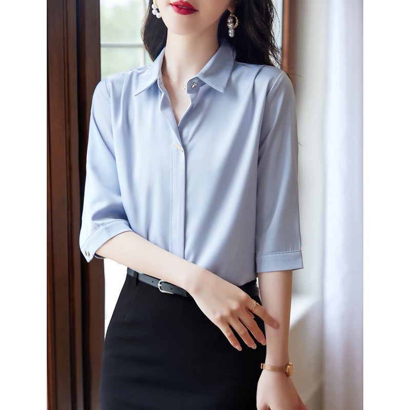 2025 New Summer Mid-Sleeve White Shirt Women's Business Work Clothing Formal Work Clothes Women's Three-Quarter Sleeve Shirt - Image 3