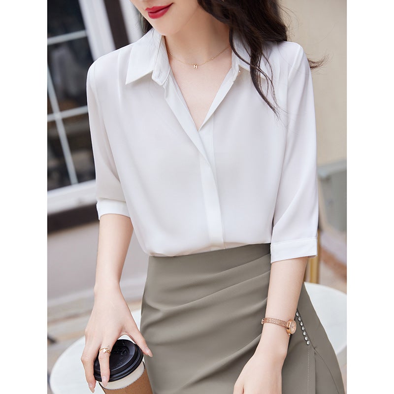 2025 New Summer Mid-Sleeve White Shirt Women's Business Work Clothing Formal Work Clothes Women's Three-Quarter Sleeve Shirt - Image 5
