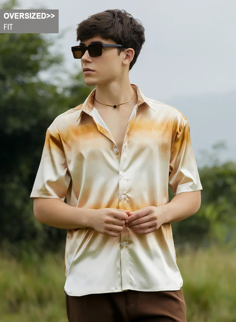 Campus Sutra Campus Sutra Men's Saltbox Beige Ombre Sheen Oversized Shirt For Casual Wear | Cuban Collar | Short Regular Sleeves | Button Closure | Oversized Shirt Crafted With Comfort Fit For Everyday Wear
