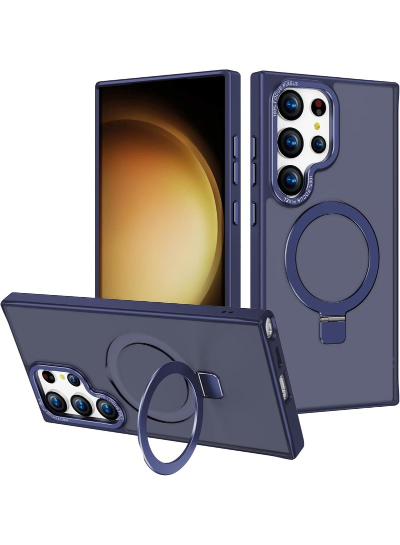 جراب مغناطيسي متوافق مع هاتف Samsung S23 Ultra مع حامل حلقي، [حماية من السقوط حتى 10 أقدام] [ملمس مخملي] جراب هاتف نحيف شفاف غير لامع مقاوم للصدمات لهاتف Samsung S23 Ultra (أزرق) - Image 1