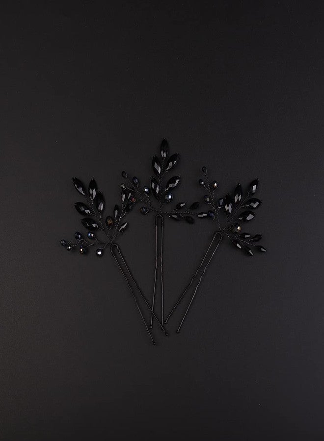 بيريوان دبابيس شعر مرصعة بأحجار الراين السوداء من بيريوان، إكسسوارات شعر كريستالية لحفلات الزفاف، دبابيس شعر كريستالية سوداء على شكل دمعة للنساء والفتيات (3 قطع) - Image 4