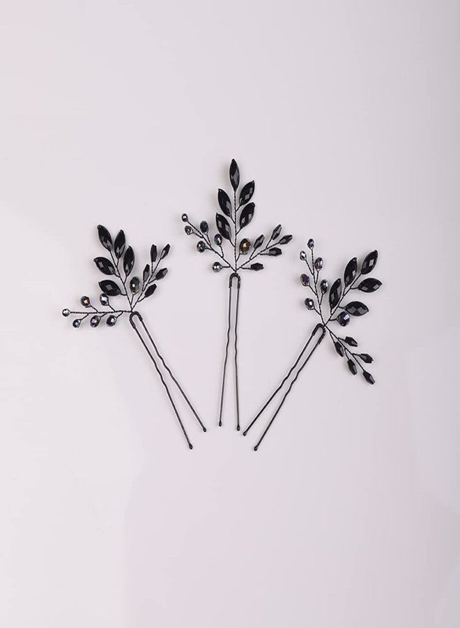 بيريوان دبابيس شعر مرصعة بأحجار الراين السوداء من بيريوان، إكسسوارات شعر كريستالية لحفلات الزفاف، دبابيس شعر كريستالية سوداء على شكل دمعة للنساء والفتيات (3 قطع) - Image 2