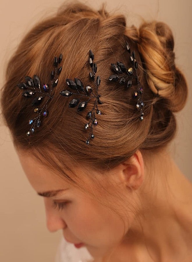 بيريوان دبابيس شعر مرصعة بأحجار الراين السوداء من بيريوان، إكسسوارات شعر كريستالية لحفلات الزفاف، دبابيس شعر كريستالية سوداء على شكل دمعة للنساء والفتيات (3 قطع) - Image 5