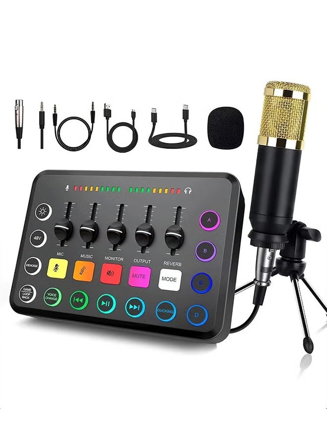 XiuWoo Sound Card Microphone Podcast Package,Streaming Audio Mixer with Microphone Stand/Suitable for Live Broadcast/Podcast/Youtube/PC/Smartphone 