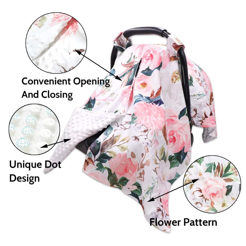DILIMI Car Seat Covers for Babies, Peekaboo Opening Infant Car Seat Canopy for Baby Boys Girls, 2 in 1 Mom Nursing Breastfeeding Covers, Minky Warm Carseat Canopy for Newborn, Pink Flower - Image 3