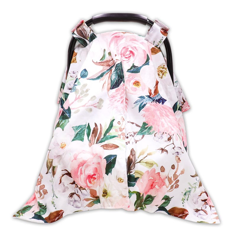 DILIMI Car Seat Covers for Babies, Peekaboo Opening Infant Car Seat Canopy for Baby Boys Girls, 2 in 1 Mom Nursing Breastfeeding Covers, Minky Warm Carseat Canopy for Newborn, Pink Flower - Image 1
