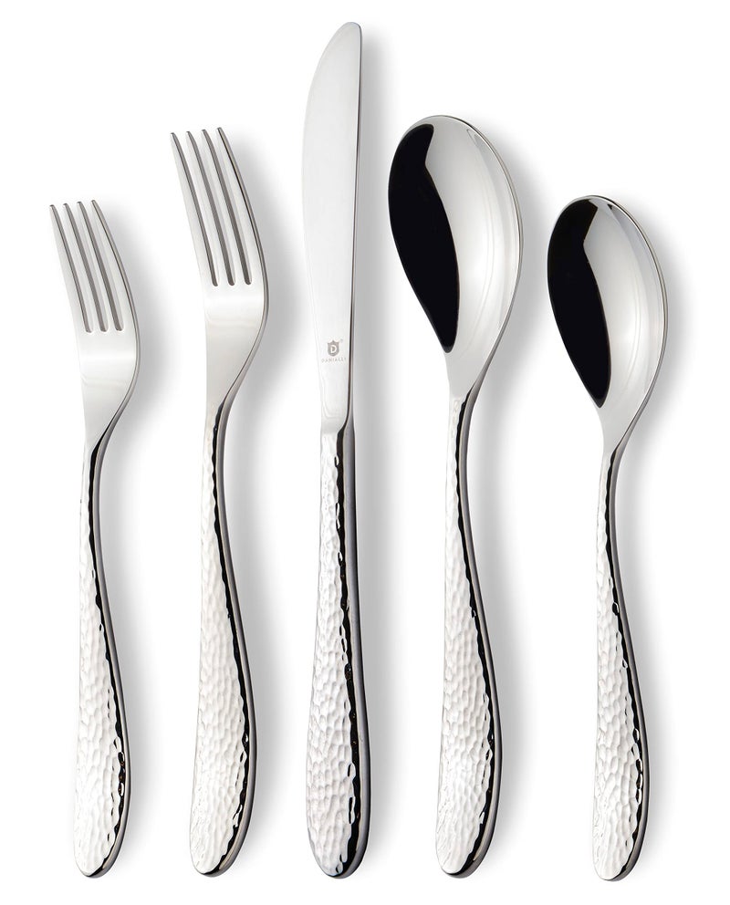 Danialli Premium 1810 Stainless Steel Flatware  Fidenza Fidenza Hammered Marettimo Marettimo Hammered and Mezzano Engraved collections 40Piece Marettimo Hammered