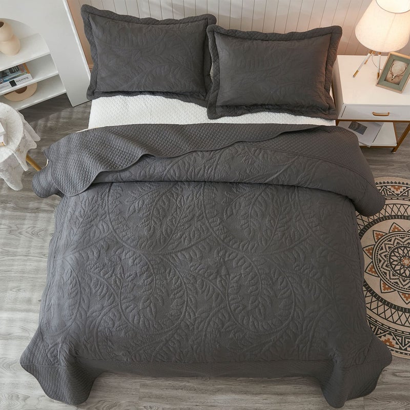 MarCielo 3-Piece 100% Cotton Oversized Bedspread Lightweight Quilt Coverlet Embroidery Farmhouse Bedding Set T0 (Dark Grey, Oversized King (118"x106")) - Image 2