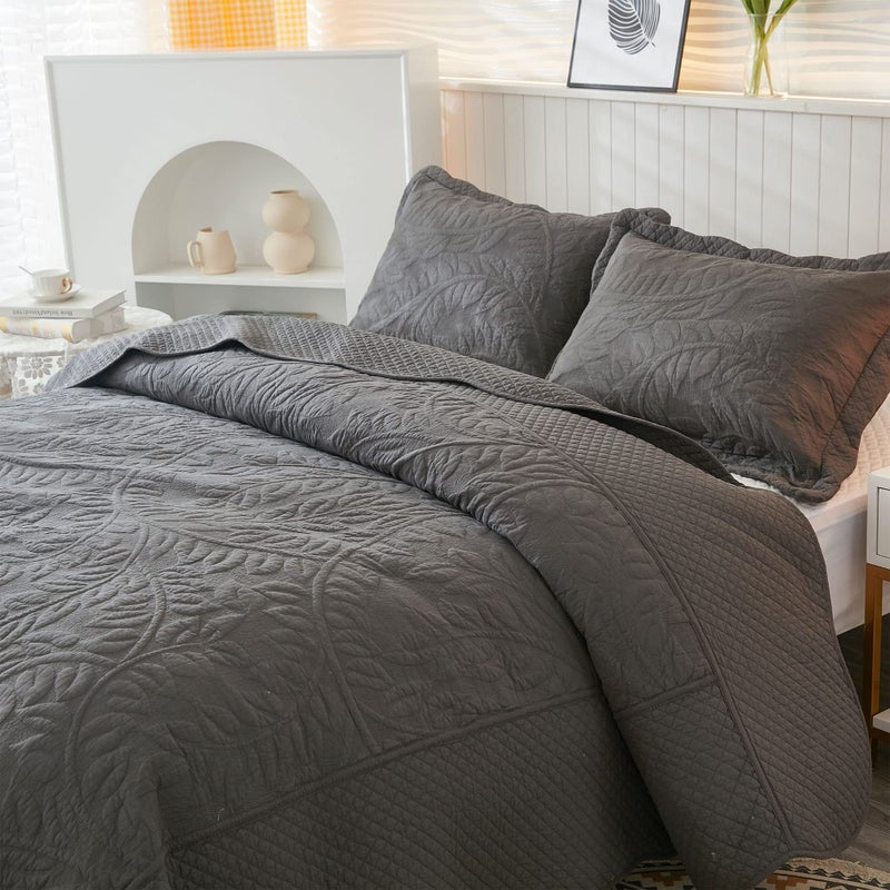 MarCielo 3-Piece 100% Cotton Oversized Bedspread Lightweight Quilt Coverlet Embroidery Farmhouse Bedding Set T0 (Dark Grey, Oversized King (118"x106")) - Image 4