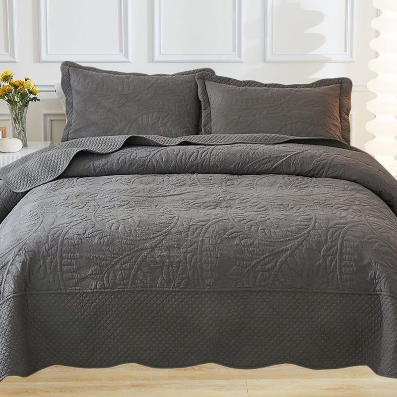 MarCielo 3-Piece 100% Cotton Oversized Bedspread Lightweight Quilt Coverlet Embroidery Farmhouse Bedding Set T0 (Dark Grey, Oversized King (118"x106")) - Image 1