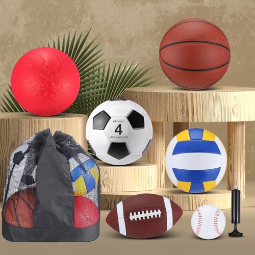 Realspring 6 Pcs Multi Sport Ball Set for Kid Teen Operation Christmas Official Size Football, Basketball, Soccer, Volleyball, Playground Ball, Baseball with Sports Equipment Bag Pump(Brown) - Image 4