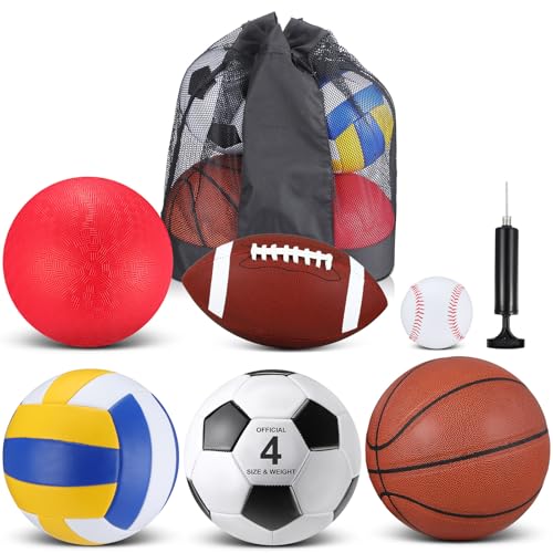 Realspring 6 Pcs Multi Sport Ball Set for Kid Teen Operation Christmas Official Size Football, Basketball, Soccer, Volleyball, Playground Ball, Baseball with Sports Equipment Bag Pump(Brown) - Image 1