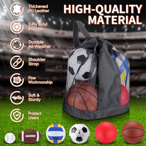 Realspring 6 Pcs Multi Sport Ball Set for Kid Teen Operation Christmas Official Size Football, Basketball, Soccer, Volleyball, Playground Ball, Baseball with Sports Equipment Bag Pump(Brown) - Image 3