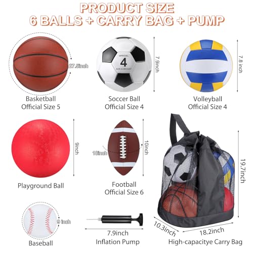 Realspring 6 Pcs Multi Sport Ball Set for Kid Teen Operation Christmas Official Size Football, Basketball, Soccer, Volleyball, Playground Ball, Baseball with Sports Equipment Bag Pump(Brown) - Image 2