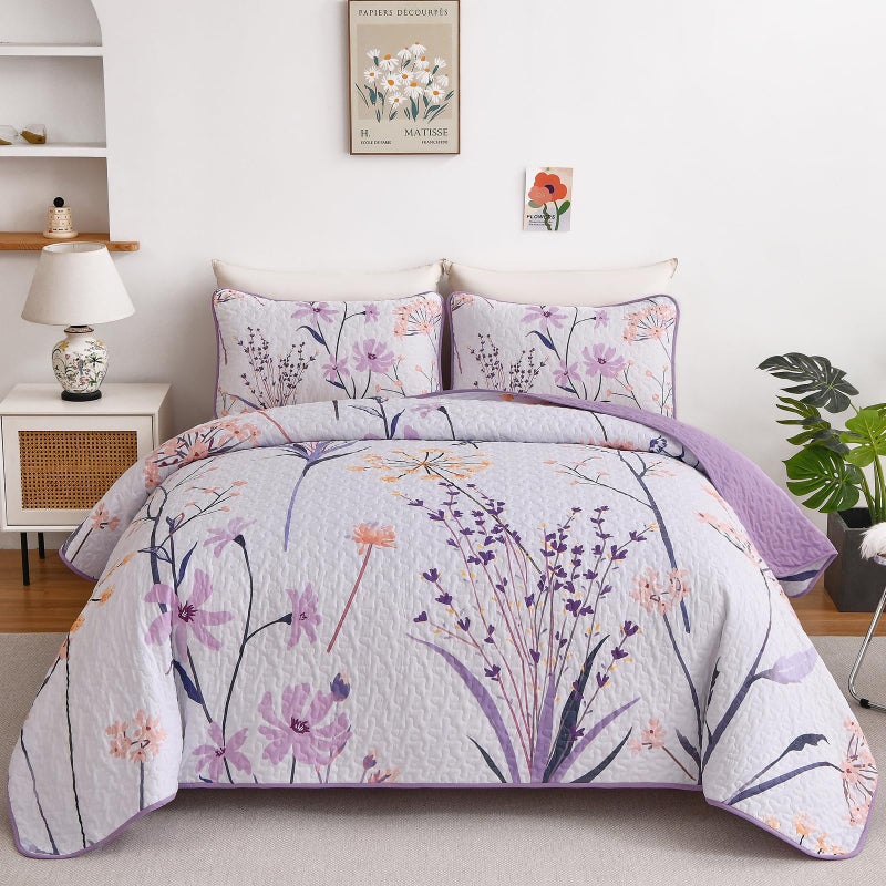 DOBUYLY FLORAL SELL SIZE SIZE PURPLE BUTANICAL KING SPODDEN STE 3 قطع من الألياف الدقيقة الناعمة ذات الأضواء الدقيقة الناعمة المحددة لجميع موسم 110 "X90" " - Image 1