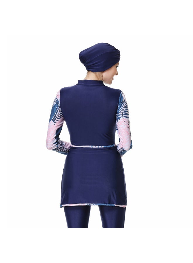 Loquat 2023 Conservative Women's Plus Size Printed Stitching Women's Pants + Tops + Hats Three-piece Swimsuit-Color:Black Orange Flower- - Image 5