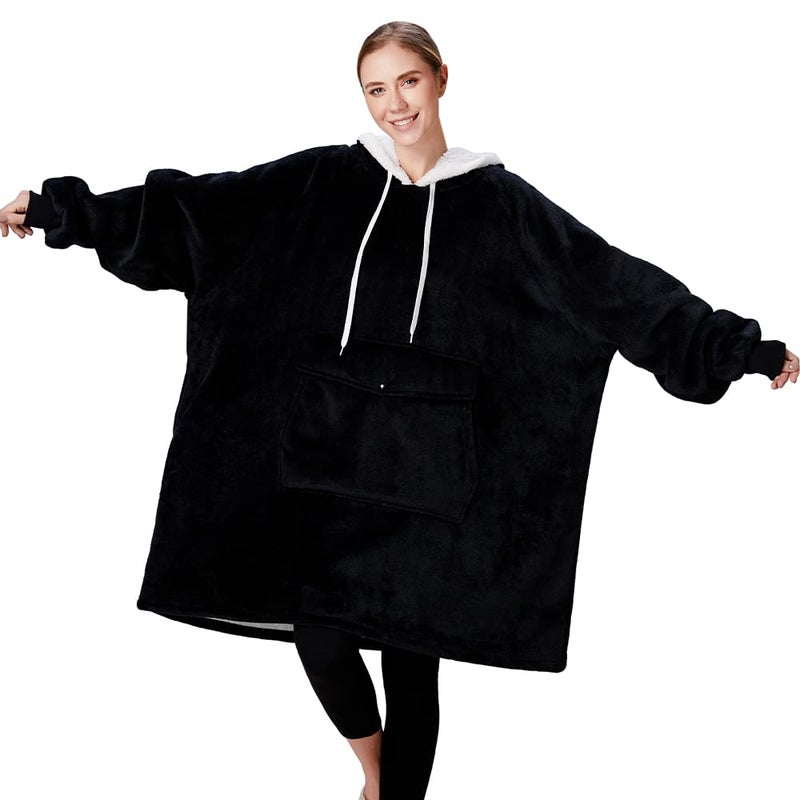 Qeils Qeils Oversized Wearable Blanket Hoodie  Comfy Sherpa Sweatshirt Pullover Jacket (Large Pocket  Black  Adult)  - Image 1