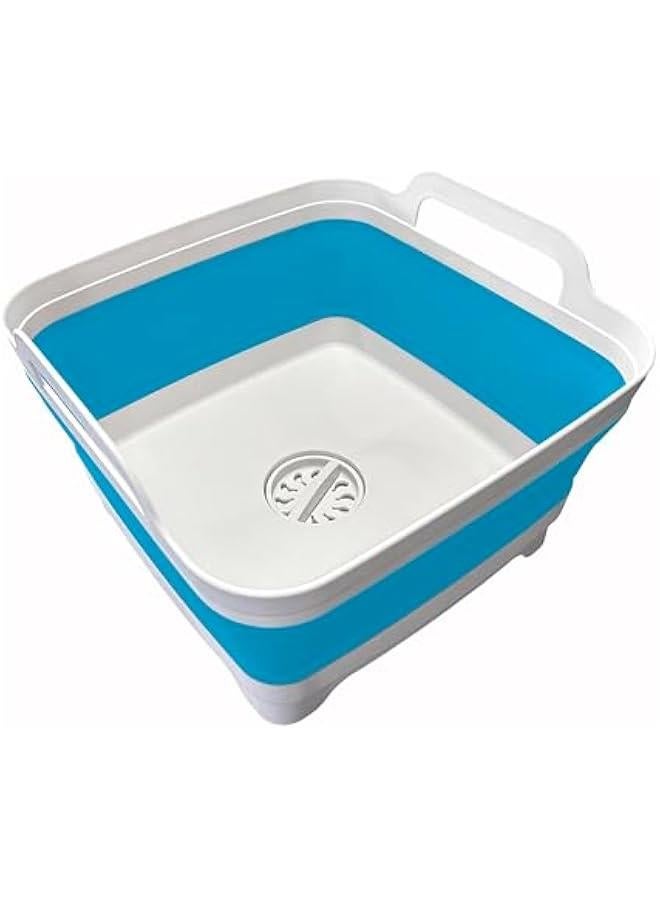 هوكور حوض اطباق 9 لتر (2.4 جالون) قابل للطي مع مقابض حمل سدادة تصريف من توريسيك، صينية تخزين للمطبخ موفرة للمساحة، حوض غسيل اطباق محمول للتخييم (ازرق) - Image 1