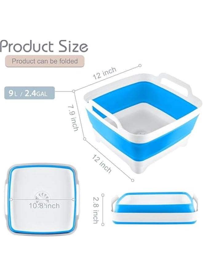 هوكور حوض اطباق 9 لتر (2.4 جالون) قابل للطي مع مقابض حمل سدادة تصريف من توريسيك، صينية تخزين للمطبخ موفرة للمساحة، حوض غسيل اطباق محمول للتخييم (ازرق) - Image 2
