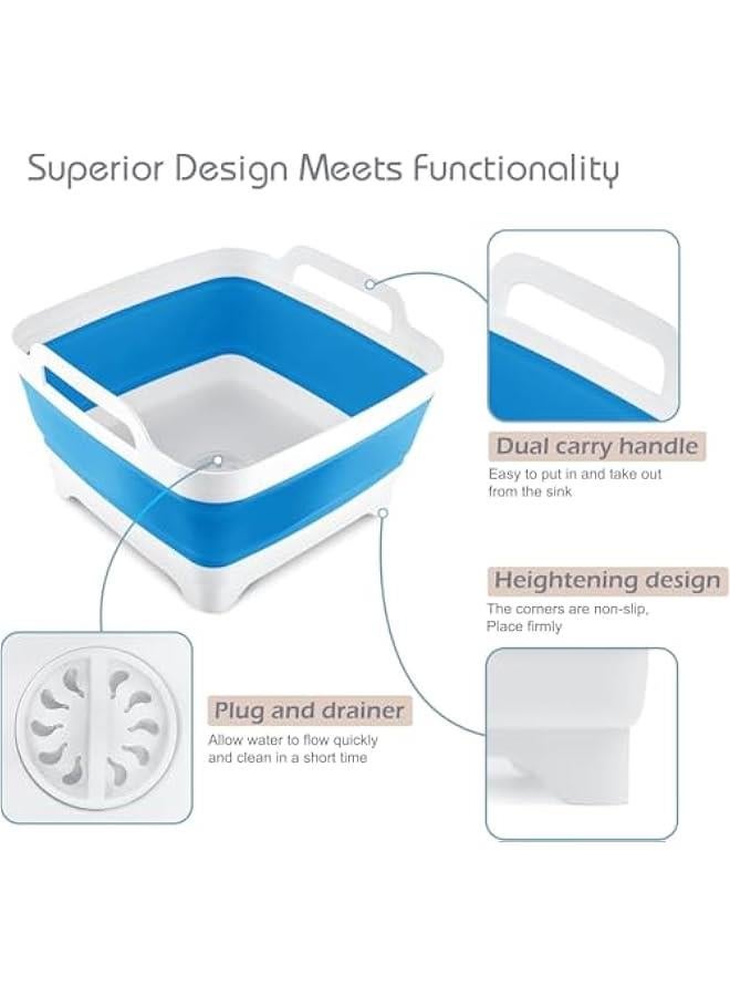 هوكور حوض اطباق 9 لتر (2.4 جالون) قابل للطي مع مقابض حمل سدادة تصريف من توريسيك، صينية تخزين للمطبخ موفرة للمساحة، حوض غسيل اطباق محمول للتخييم (ازرق) - Image 3