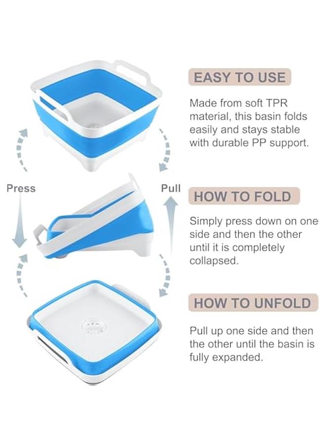 هوكور حوض اطباق 9 لتر (2.4 جالون) قابل للطي مع مقابض حمل سدادة تصريف من توريسيك، صينية تخزين للمطبخ موفرة للمساحة، حوض غسيل اطباق محمول للتخييم (ازرق) - Image 4