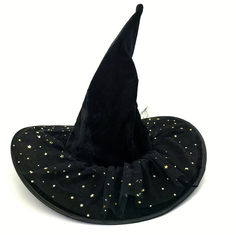 Women Black Elegant Witch Hat With Wide Brim Pointed Star And Moon Design Costume Accessory For Halloween Themed Parties - Image 4