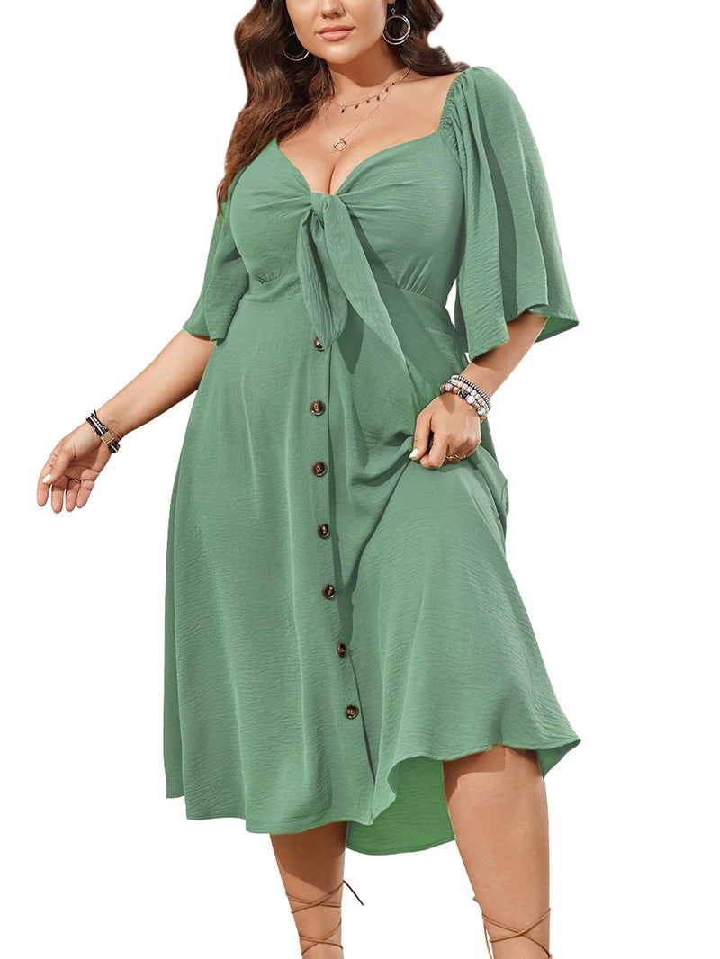 SCOMCHIC Plus Size Summer Dress Casual Short Sleeve Bow Tie Deep V Neck Smocked Button Down Midi Flowy A-line Boho Dresses Sage Green - Image 1