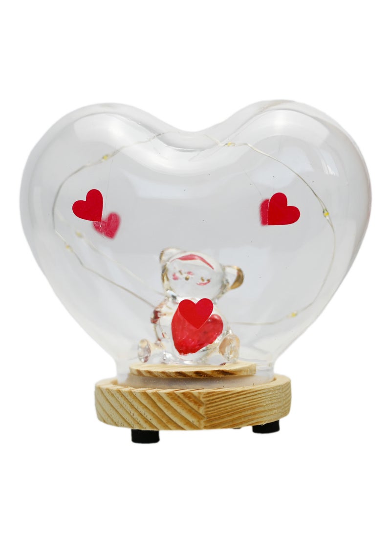 Forever Glass Bear In Glass Dome Valentines Day Gift Dome Glass Clear Heart Glass Dome Glowing Bear Heart Dome, Wood Base with Led Light Heart Lamp Base Stand, Night Light for Led Light Crystal Glass