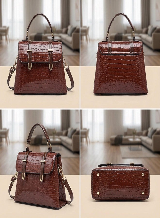 MIFORINES Patent Crocodile Clutches for Women,Small Trendy Top Handle Handbags Flap Purse (Coffee) - Image 3