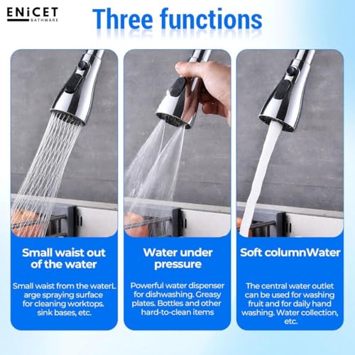 ENICET Brass Sink Tap for Kitchen, 3 Flow Modes, Flexible Swivel Spout Black, Wall Mount, Chrome Finish, Kitchen Sink Tap, Wash Basin Tap, 360 Rotating Sink Cock (BFE107TF) - Image 2