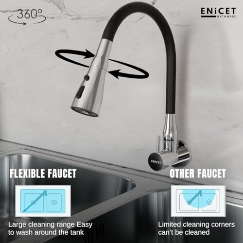 ENICET Brass Sink Tap for Kitchen, 3 Flow Modes, Flexible Swivel Spout Black, Wall Mount, Chrome Finish, Kitchen Sink Tap, Wash Basin Tap, 360 Rotating Sink Cock (BFE107TF) - Image 5