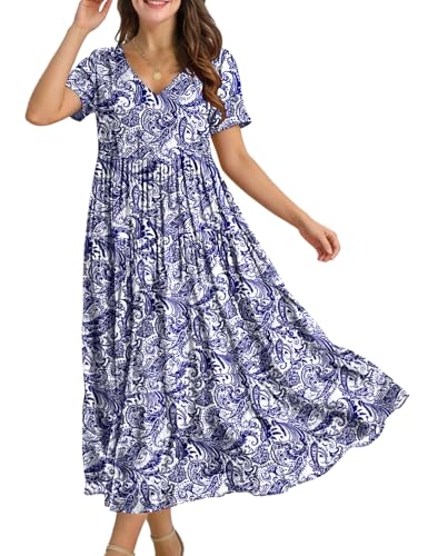 YESNO Women's Summer Maxi Dresses Casual Floral Short Sleeve V Neck Boho Beach Vacation Swing Dress with Pockets 2XL EVF CR148 - Image 1