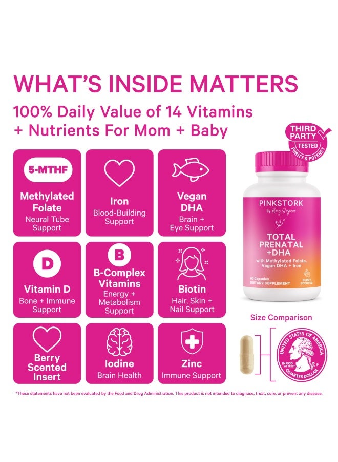 Pink Stork Total Prenatal + DHA, with Methylated Folate, Vegan DHA + Iron, 60 Capsules, Berry Scented Dietary Supplement - Image 2