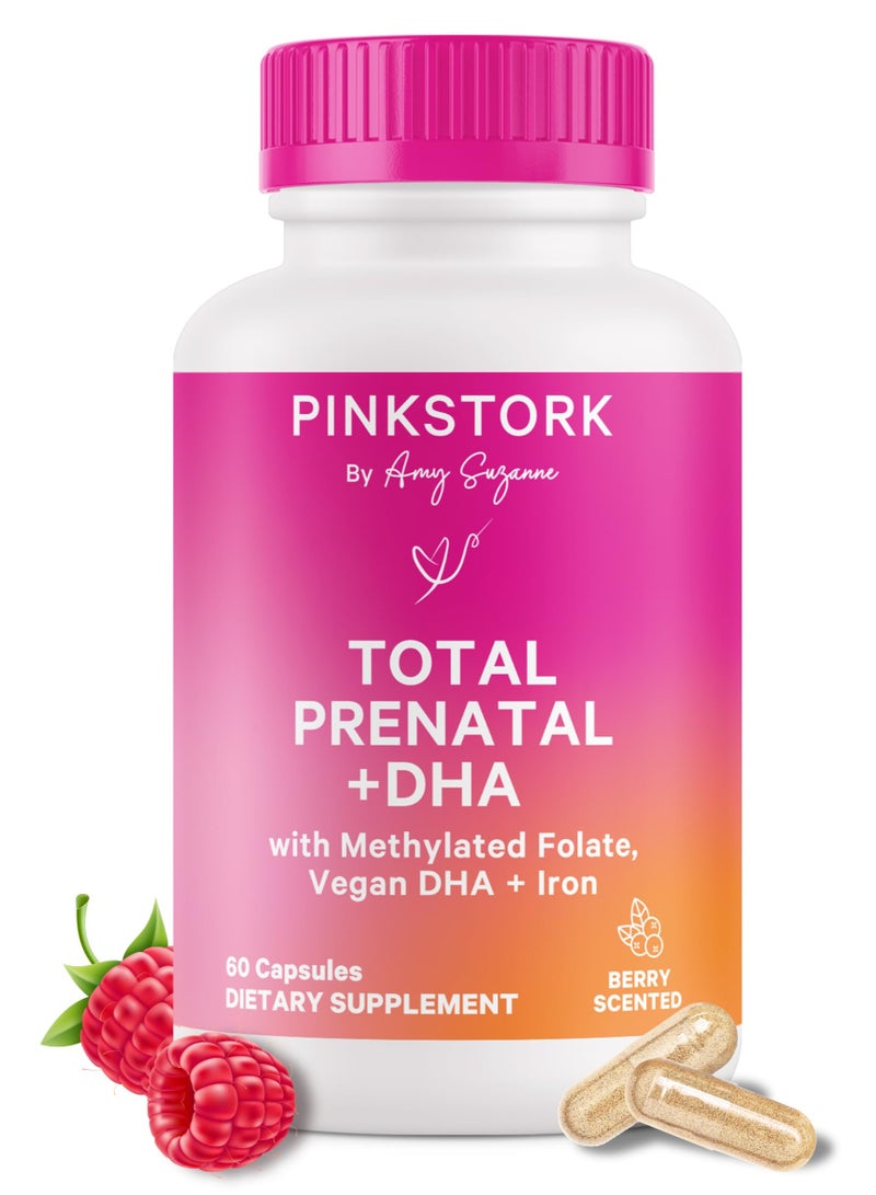 Pink Stork Total Prenatal + DHA, with Methylated Folate, Vegan DHA + Iron, 60 Capsules, Berry Scented Dietary Supplement - Image 1