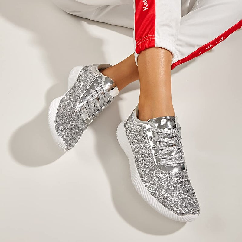 BELOS Women's Fashion Sneakers Glitter Shoes with Vibrant Colors and Sparkle(10B(M) US, Silver) - Image 2
