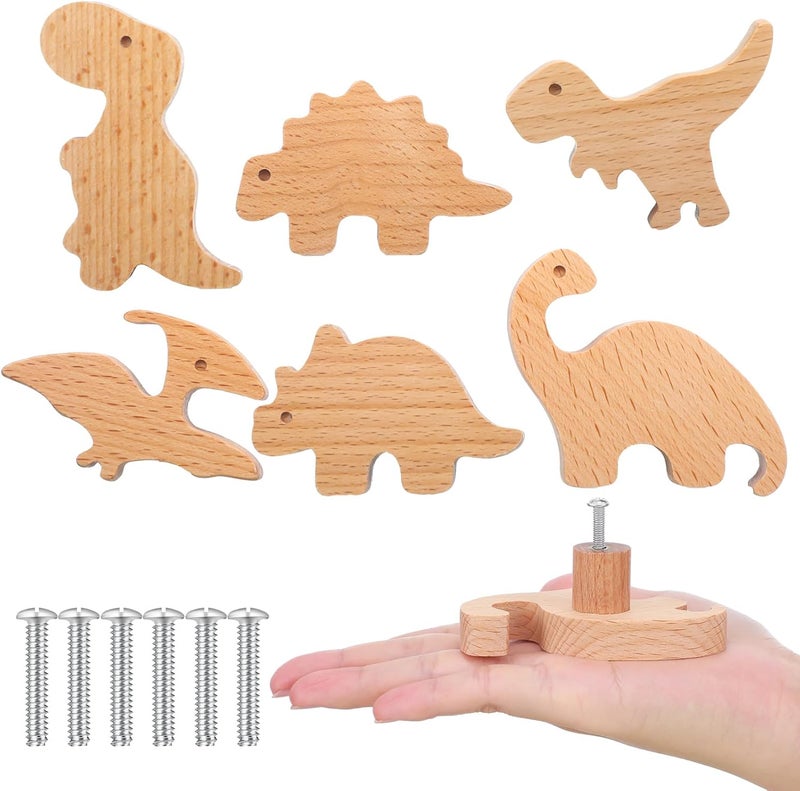 Qunclay Wooden Animal Cabinet Knobs Decorative Wood Dresser Knobs with Screws Dresser Pulls Wood Marine Woodland Animals Knobs Furniture Knobs Nursery Drawer Handles for Decor (Dinosaur,6 Sets) - Image 1