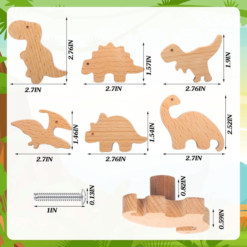 Qunclay Wooden Animal Cabinet Knobs Decorative Wood Dresser Knobs with Screws Dresser Pulls Wood Marine Woodland Animals Knobs Furniture Knobs Nursery Drawer Handles for Decor (Dinosaur,6 Sets) - Image 2