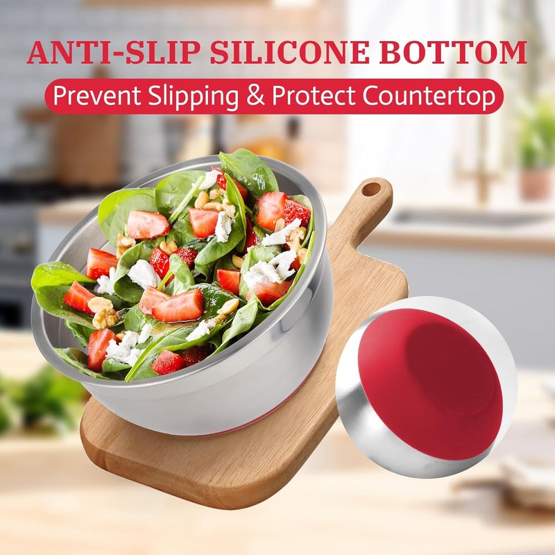 MARSKITOP مجموعة أوعية خلط من الفولاذ المقاوم للصدأ مكونة من 3 قطع، أوعية متداخلة مع أغطية محكمة الإغلاق، علامات قياس وقواعد حمراء غير قابلة للانزلاق، مثالية للخلط والتقديم، 1.5 كوارت و3 كوارت و5 كوارت - Image 3