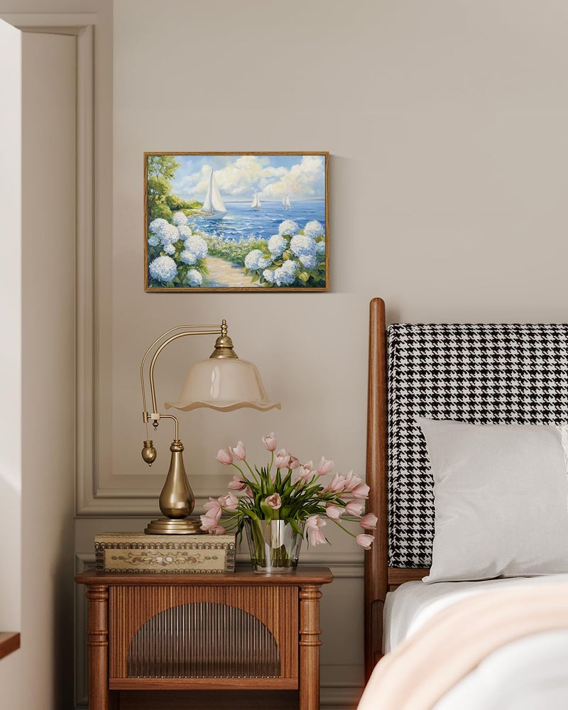 ARPEOTCY 12x16 Inch Coastal Sailboat Wall Art, Framed Canvas Nautical Landscape Painting with Hydrangeas for Bathroom Bedroom Living Room Cottagecore Nature Decor - Image 2