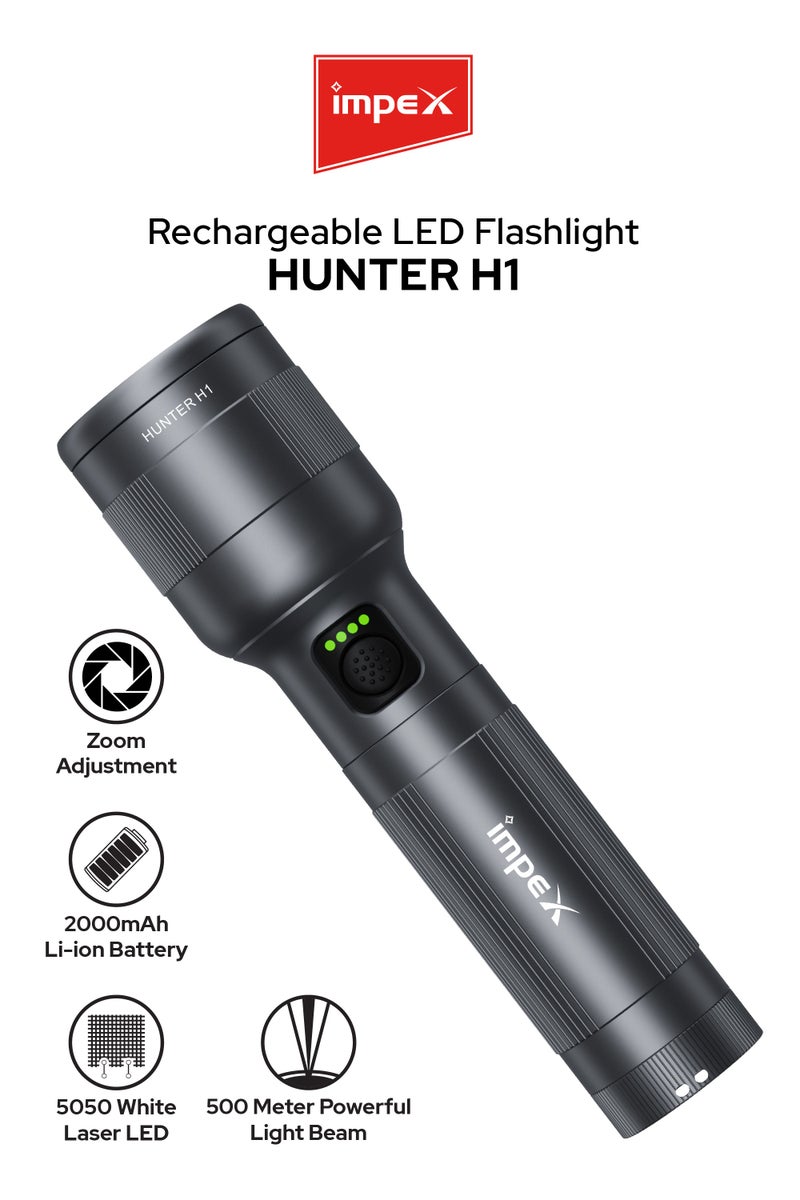 إمبكس كشاف يدوي قابل لإعادة الشحن Impex Hunter H1 | إضاءة LED ليزر أبيض 5050 | بطارية 2000mAh | 4 أوضاع إضاءة (قوي/ضعيف/وميض/SOS) | مدى 500 متر | شحن سريع Type-C | رأس قابل للدوران | ضمان سنتين – Hunter H1 - أسود - Image 1