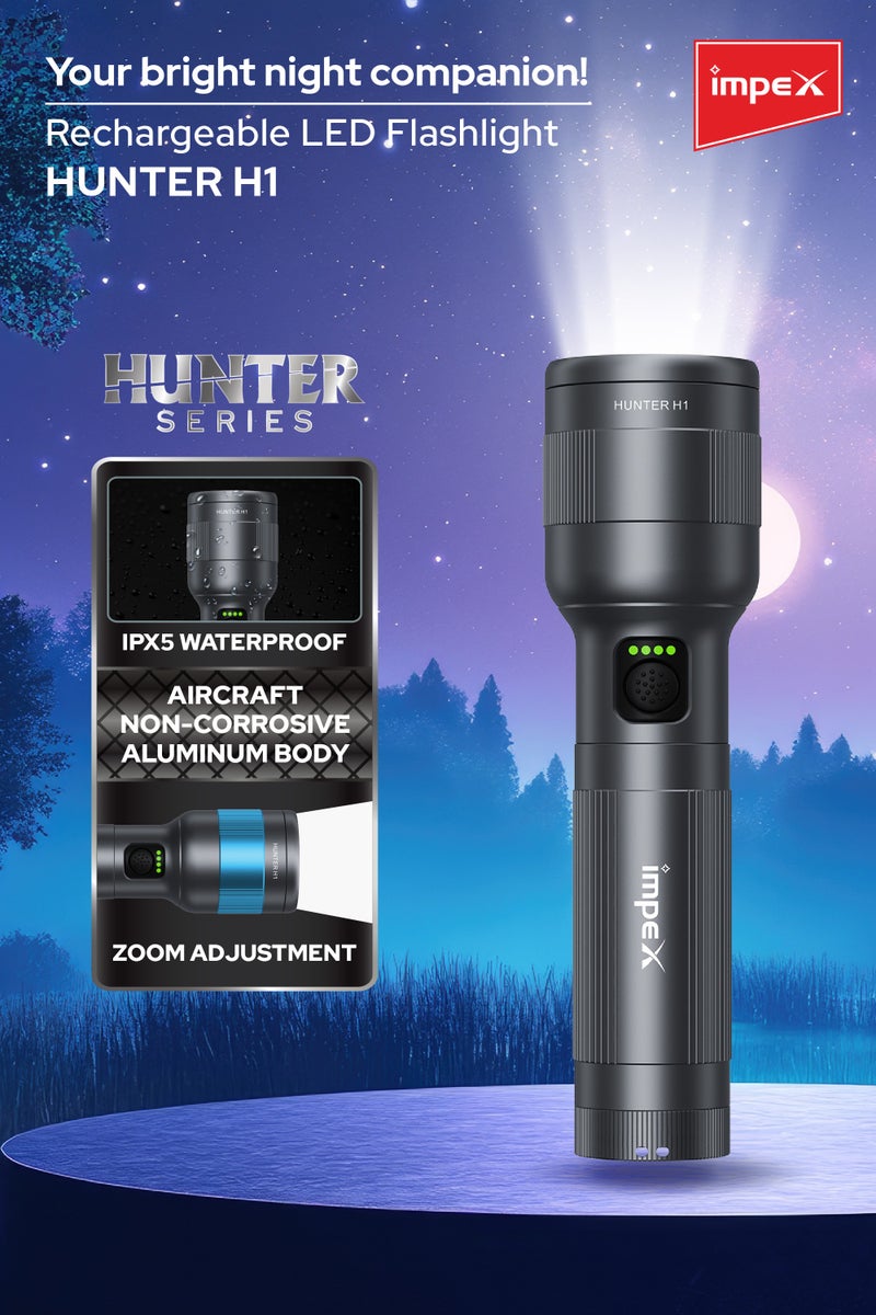إمبكس كشاف يدوي قابل لإعادة الشحن Impex Hunter H1 | إضاءة LED ليزر أبيض 5050 | بطارية 2000mAh | 4 أوضاع إضاءة (قوي/ضعيف/وميض/SOS) | مدى 500 متر | شحن سريع Type-C | رأس قابل للدوران | ضمان سنتين – Hunter H1 - أسود - Image 2