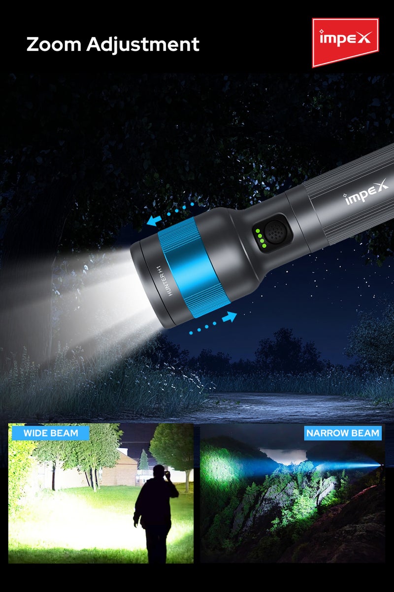 إمبكس كشاف يدوي قابل لإعادة الشحن Impex Hunter H1 | إضاءة LED ليزر أبيض 5050 | بطارية 2000mAh | 4 أوضاع إضاءة (قوي/ضعيف/وميض/SOS) | مدى 500 متر | شحن سريع Type-C | رأس قابل للدوران | ضمان سنتين – Hunter H1 - أسود - Image 4