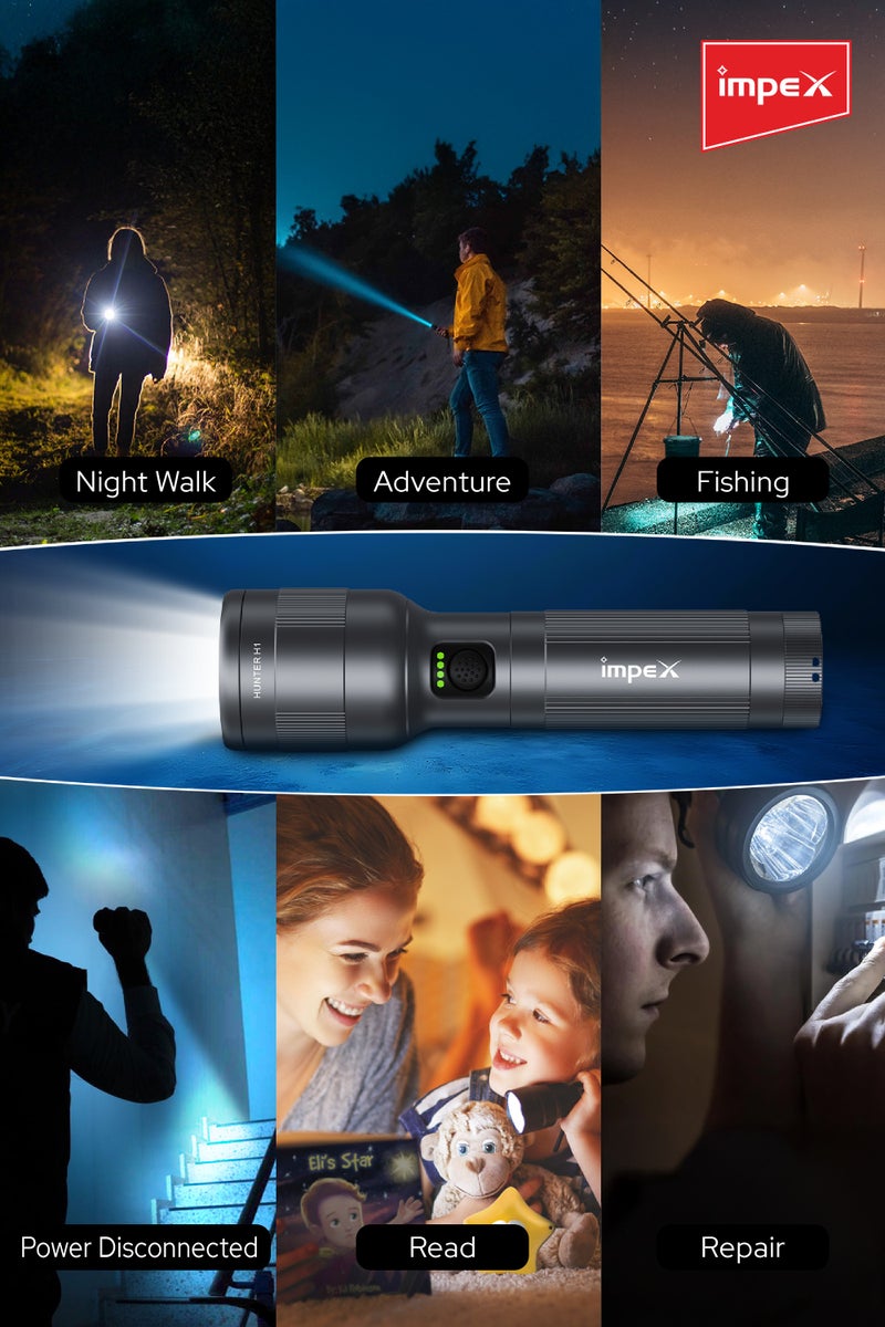 إمبكس كشاف يدوي قابل لإعادة الشحن Impex Hunter H1 | إضاءة LED ليزر أبيض 5050 | بطارية 2000mAh | 4 أوضاع إضاءة (قوي/ضعيف/وميض/SOS) | مدى 500 متر | شحن سريع Type-C | رأس قابل للدوران | ضمان سنتين – Hunter H1 - أسود - Image 5