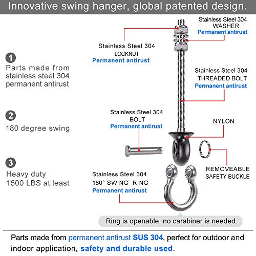 Dolibest Set of 2 Permanent Antirust Stainless Steel 304 Heavy Duty Swing Hangers, 1800LB Capacity, Wood and Steel Beam Yoga Hammock Chair Punching Bag Porch Swing Sets,180° Swing, 7.67‘’ - Image 4