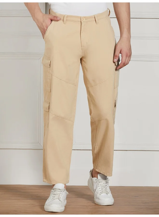 دينيس لينغو Men's Relaxed Fit Light Khaki Cotton Cargo Trousers with Stretch