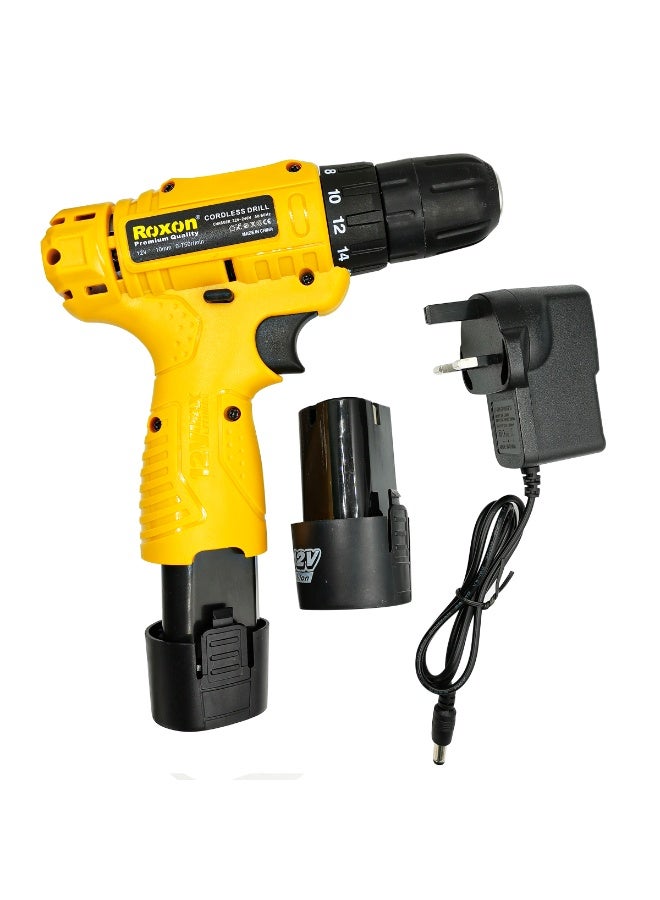 روكسون مجموعة مثقاب لاسلكي يعمل بالبطارية بجهد 12 فولت مع بطارية ليثيوم أيون بسعة 1300 مللي أمبير، ظرف بدون مفتاح مقاس 10 مم، سرعة متغيرة من 0 إلى 750 دورة في الدقيقة، دوران أمامي وخلفي، عزم دوران قابل للتعديل، شاحن 220-240 فولت، مثقاب يدوي قابل لإعادة الشحن مع حقيبة حمل للاستخدام في المنزل وورشة العمل. - Image 1
