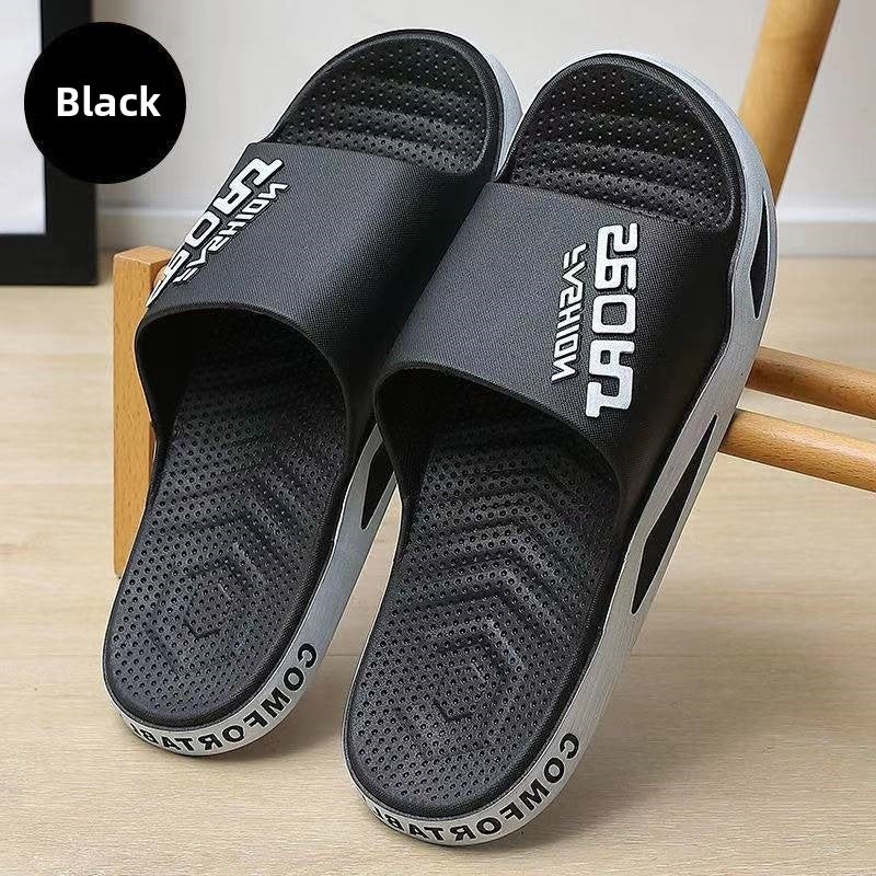 2023 Korean Mens Trendy Slides Durable Thick Sole Home Bath Slippers Black Black