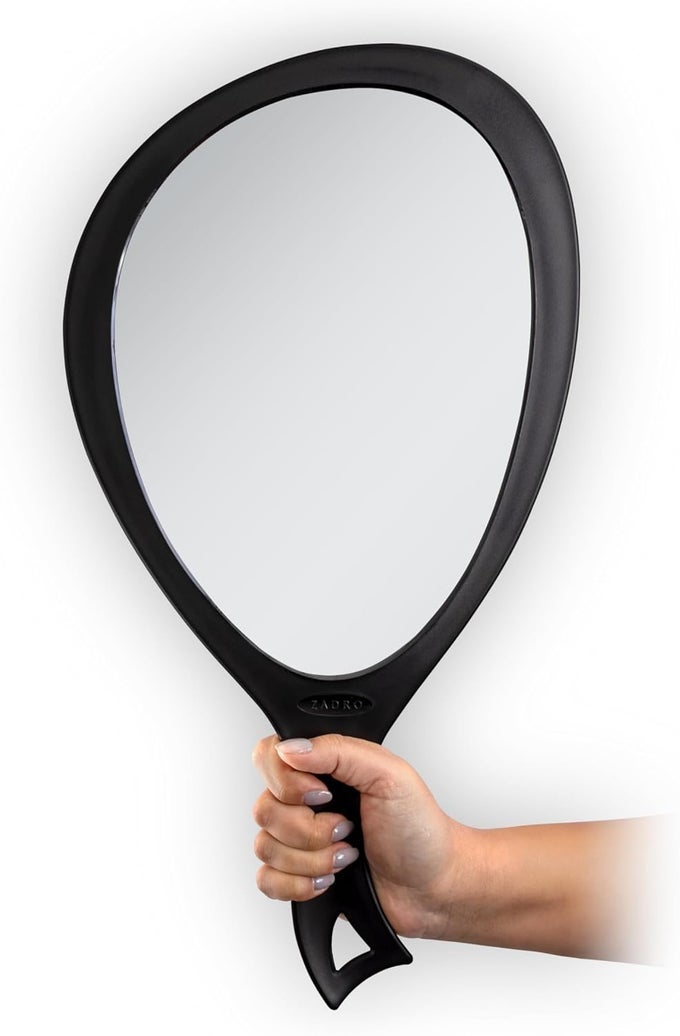 SALON PROFESSIONAL EXTRA LARGE HAND MIRROR WITH HANDLE, 10" W X 19" L, MULTI-PURPOSE OVAL HANDHELD MIRROR WITH NEW DISTORTION-FREE REFLECTION (1, BLACK, LARGE (PACK OF 1))