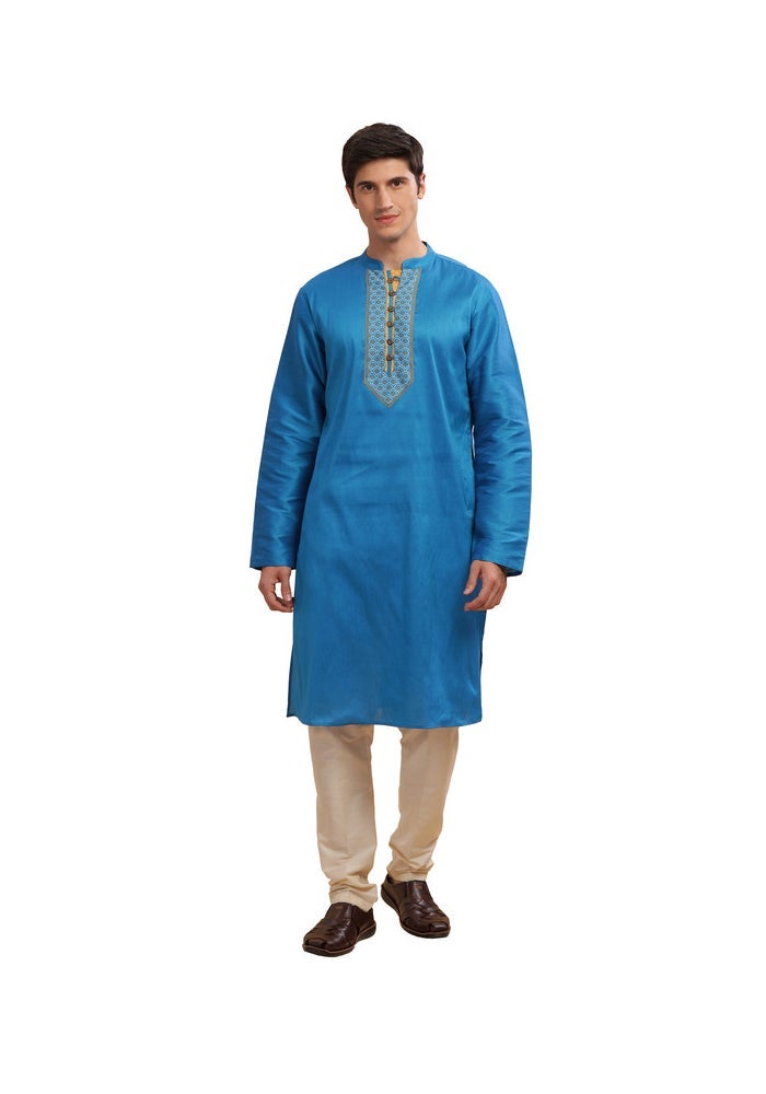 ARCHATTIRE Men’s Turquoise Cotton Silk Long Kurta for Men - Image 1