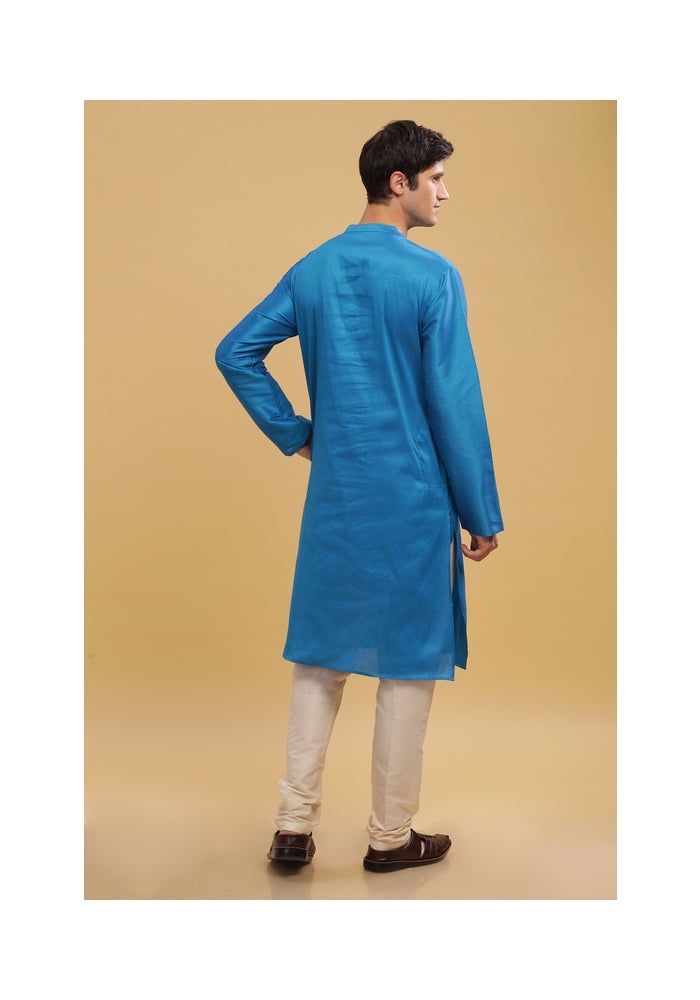 ARCHATTIRE Men’s Turquoise Cotton Silk Long Kurta for Men - Image 2